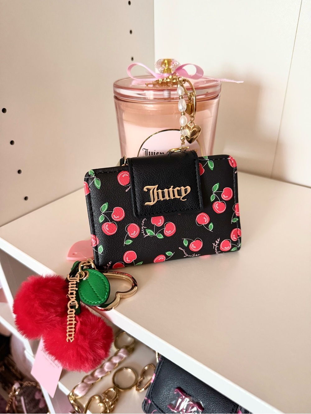 Juicy Couture “Cherry Girl” Black Cherry Print Card Wallet with Pom Charm